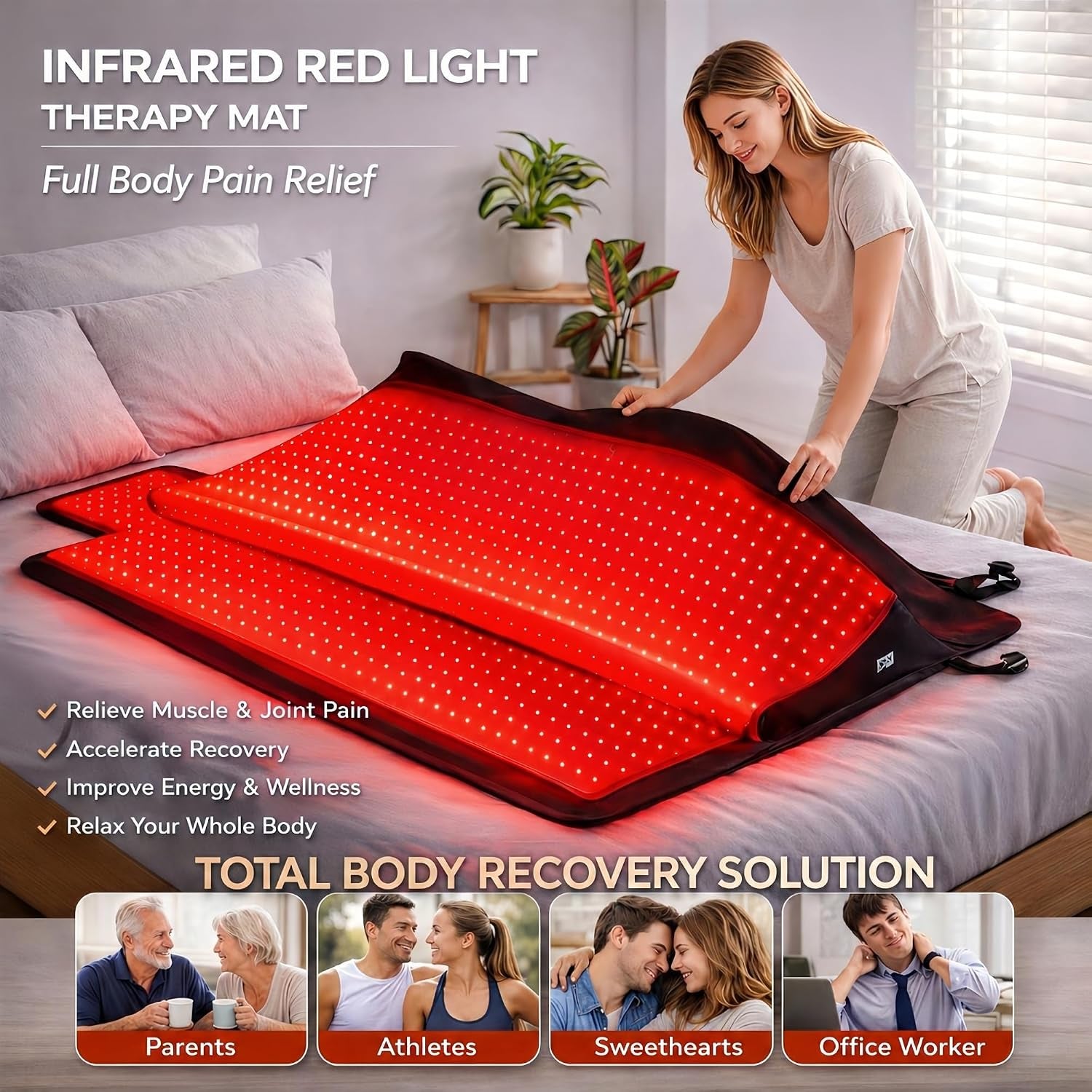 2026 Upgraded All-In-One Red Light Therapy Mat Full Body, 75” X 35” Medical-Grade TPU Red Light Blanket with 2600 Dual-Wavelength Leds (660Nm Red & 850Nm NIR) for Pain Relief