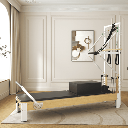 Pilates Reformer, Wooden Pilates Reformer Machine with Tower & Mat, Pilates Equipment for Home Workout and Studio, with Reformer Accessories, Sitting Box, Jump Board